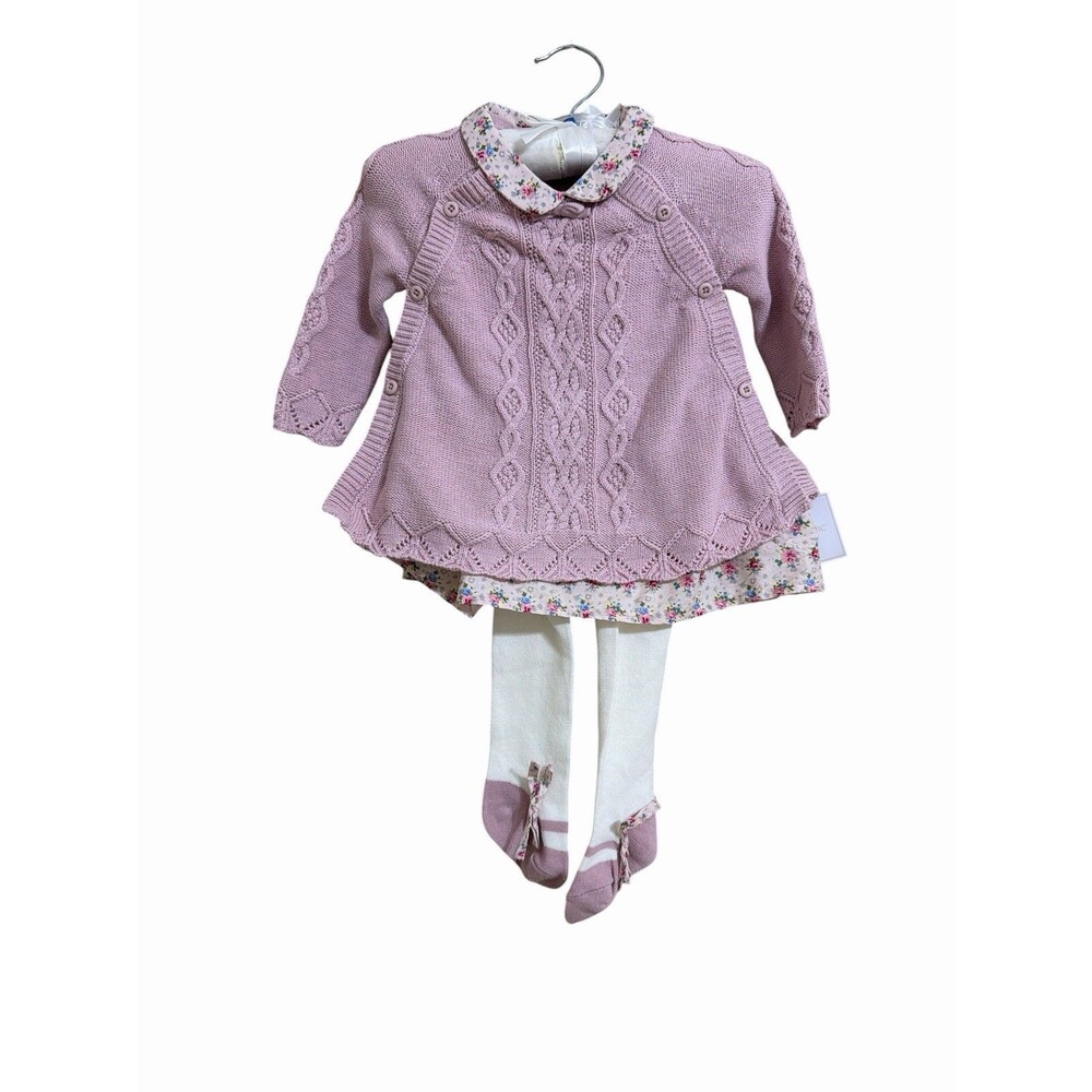 Shabby Chic Sweater Knit Dress Set Baby 0-3 Months Pink Tights Cottagecore